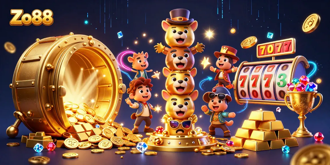 Experience thrilling jackpots with Zo88's animated casino scene showcasing vibrant slots and treasure.