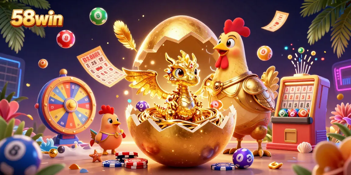 Join the excitement of 58win with a dazzling scene of a golden dragon, poker chips, and festive lottery elements.