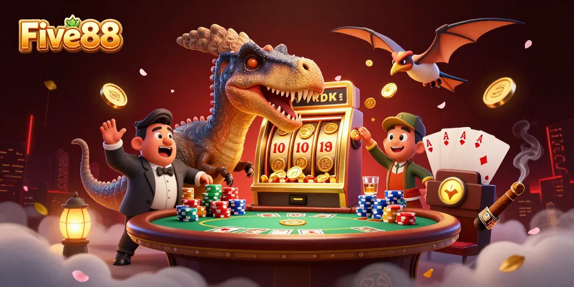Five88 casino scene with dinosaurs and a jackpot win, vibrant visuals and dynamic elements.