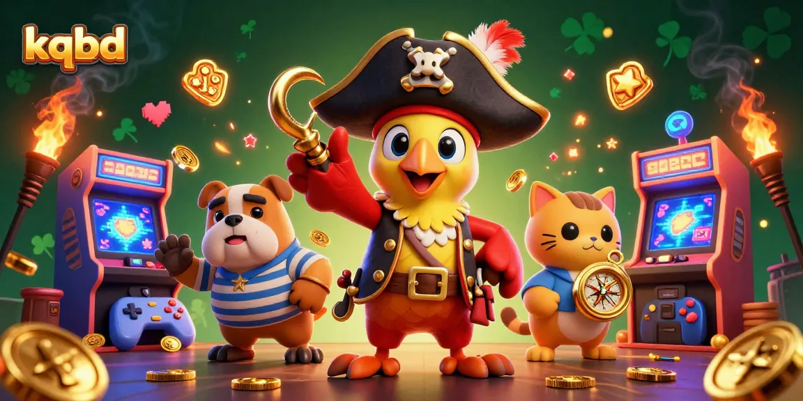 KQBD sports betting: vibrant scene with pirate characters and arcade elements illustrates winning opportunities.