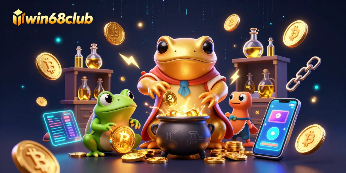 Experience the excitement of iwin68club with a playful scene of alchemists and glowing coins.