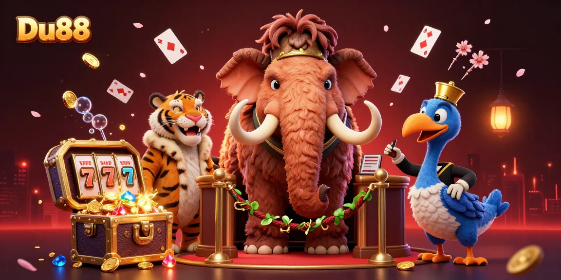 Join the fun at Du88 casino with vibrant characters and slot games in this colorful digital illustration.