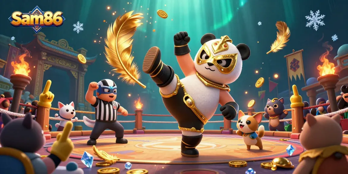 Experience the excitement of sam86 with a panda wrestler and animal spectators in a vibrant casino arena.