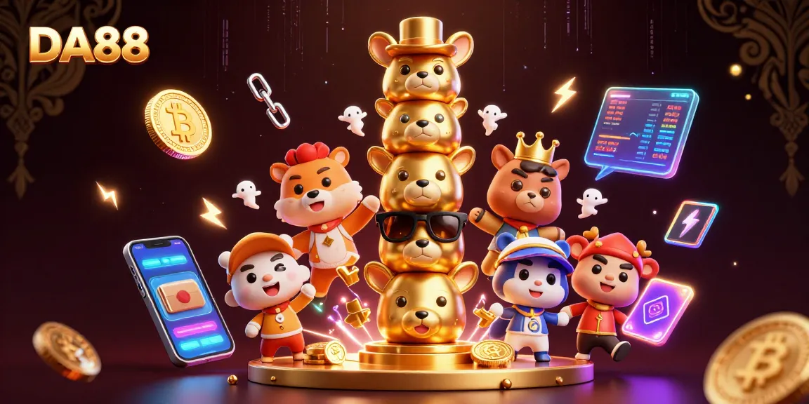 Play the DA88 casino game with vibrant illustrations of animated characters and digital currency elements.