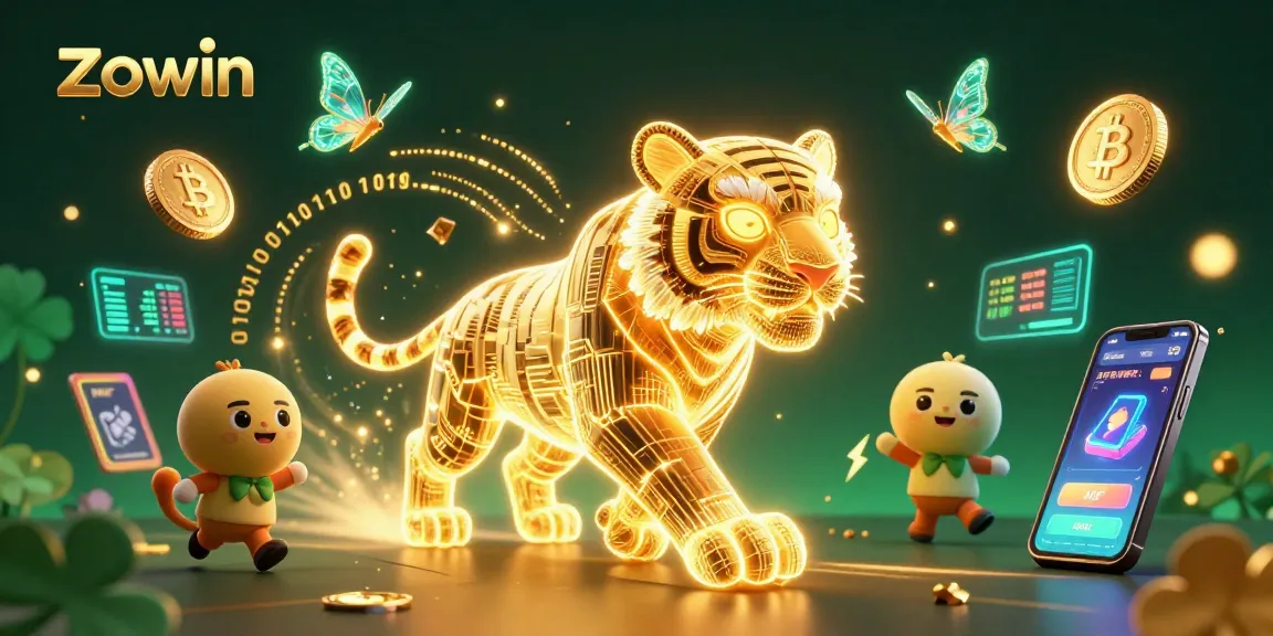 Zowin players experience thrilling casino action with a neon tiger in a vibrant digital landscape.