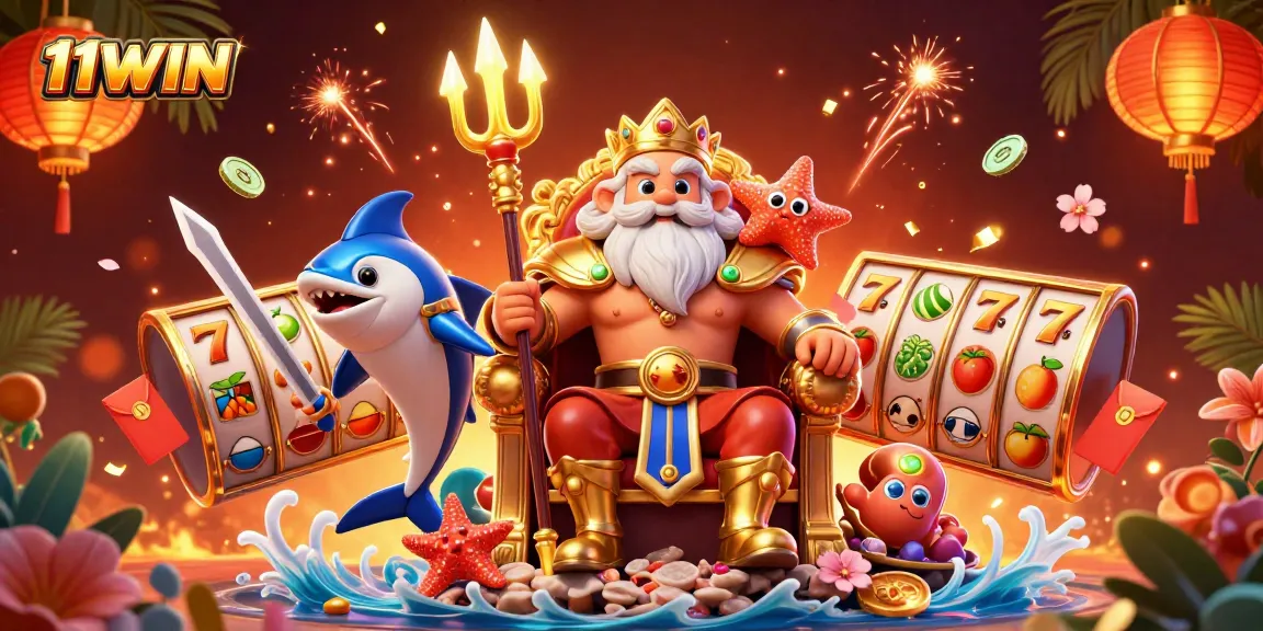 Play thrilling slots at 11WIN with a vibrant 3D illustration of Neptune's casino adventure.