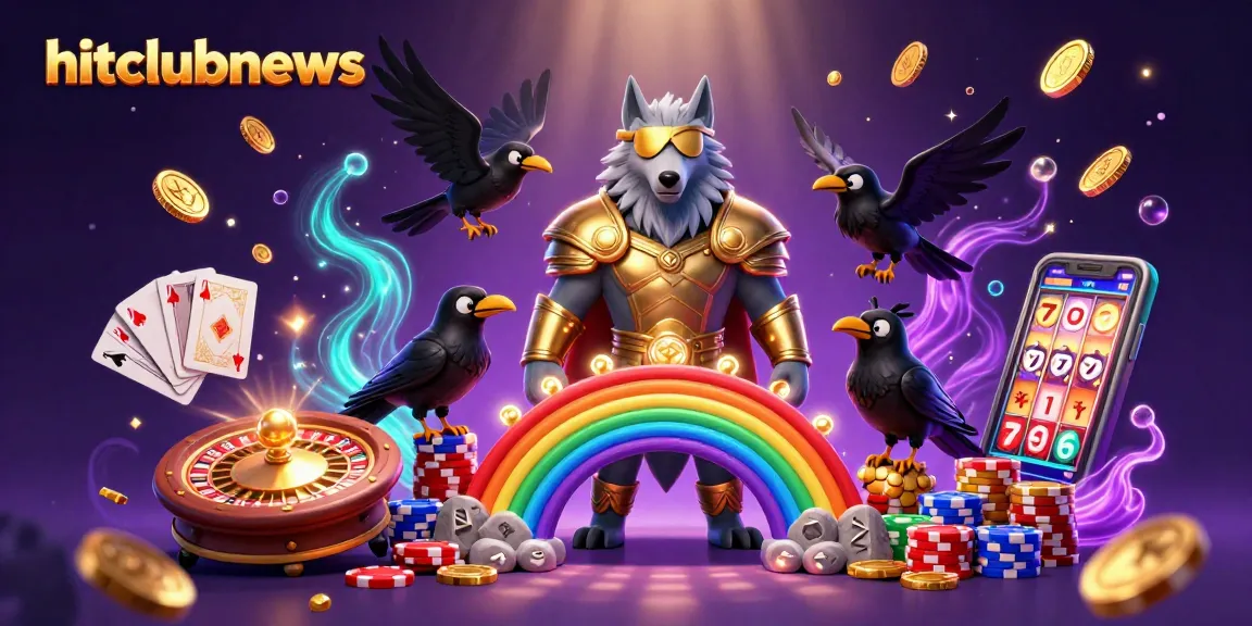 Unleash winnings with hitclubnews at a vibrant casino, featuring Odin and ravens amidst golden coins and cards.