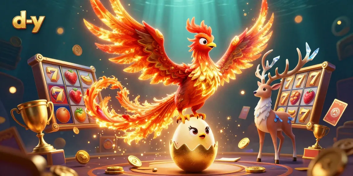 Engage in exciting d-y casino adventures with a phoenix and mystical stag amid vibrant slot reels.