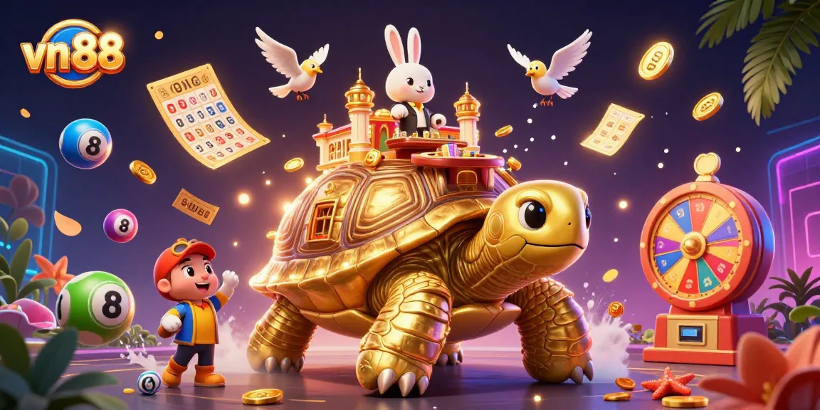 Experience the vibrant world of vn 88 as golden coins fly around a cartoon casino on a tortoise's shell.