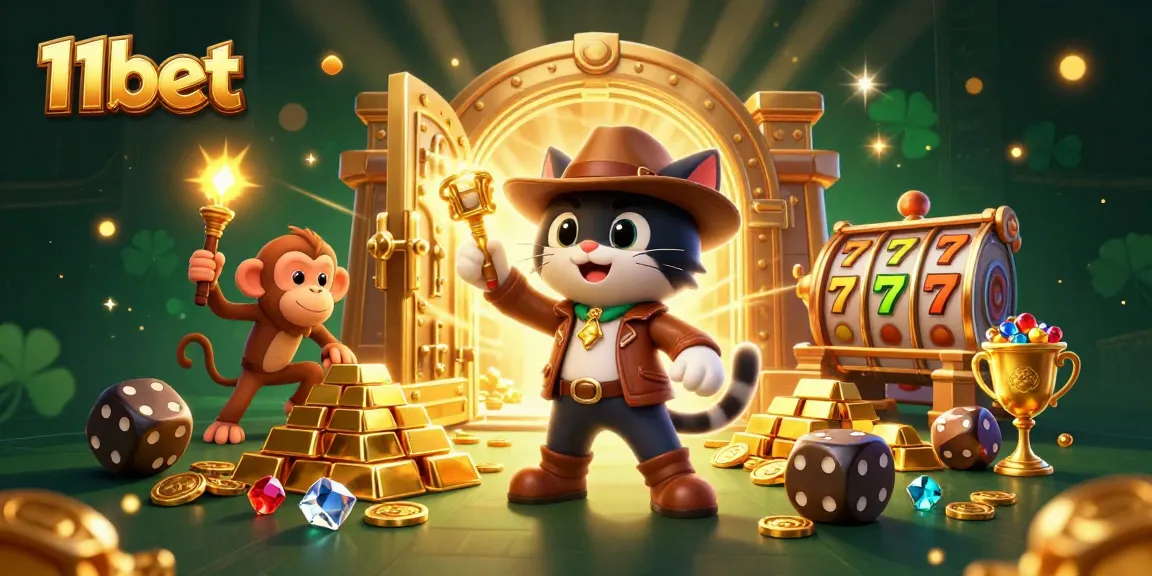 Experience thrilling wins with 11bet in an intricate casino-themed adventure illustration.