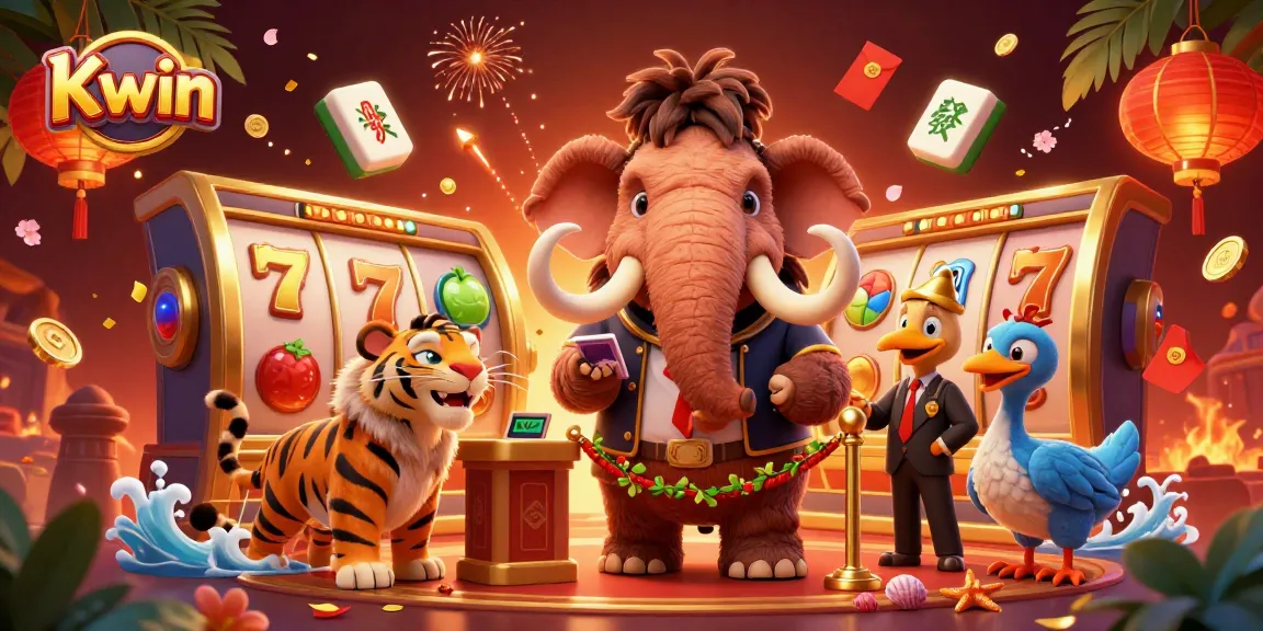 Kwin greets players at a vibrant casino entrance with a woolly mammoth bouncer and slot games on display.