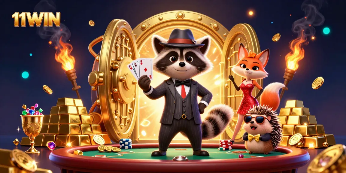 Experience the excitement with 11WIN as the suave raccoon showcases a royal flush in a vibrant casino setting.