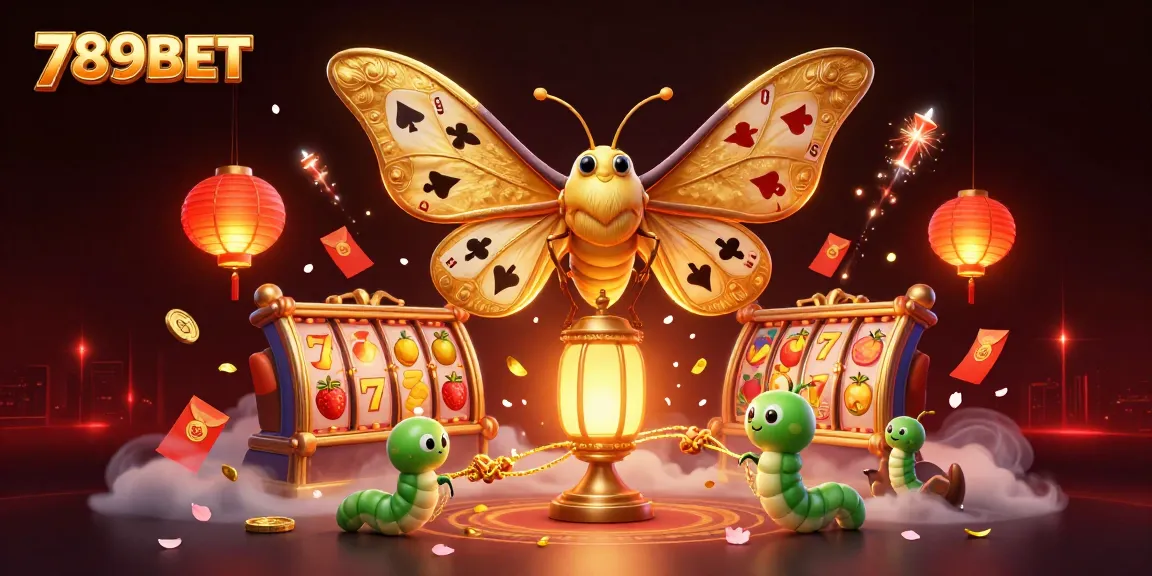 Experience the allure of 789BET with vibrant slot reels, golden moths, and dazzling casino scenes.