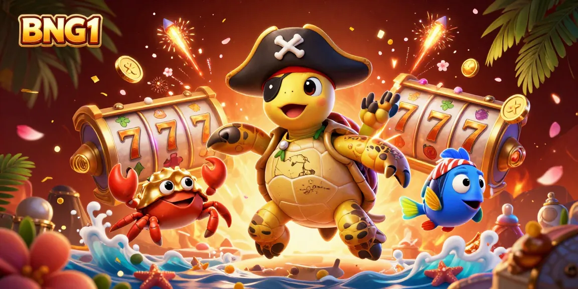 Engage with BNG1 online casino's thrilling slot games and vivid characters in a vibrant underwater scene.