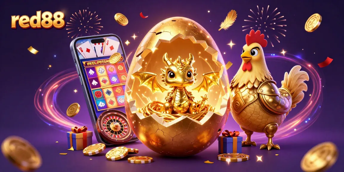 Experience thrilling wins with red88, featuring a golden dragon and dynamic casino elements.
