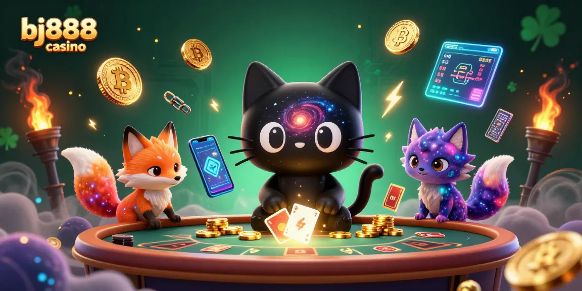 Experience thrilling gameplay at bj888 casino with a cosmic cat and colorful fox at the casino table.