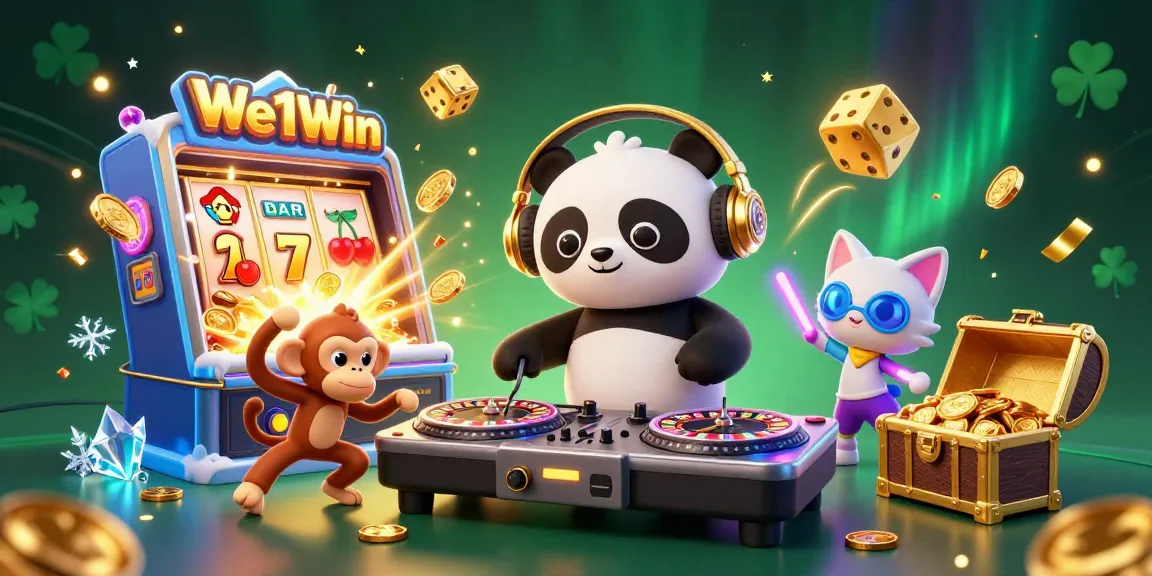 Experience the thrill of We1Win with dynamic characters like a DJ panda and breakdancing monkey in a vibrant casino scene.